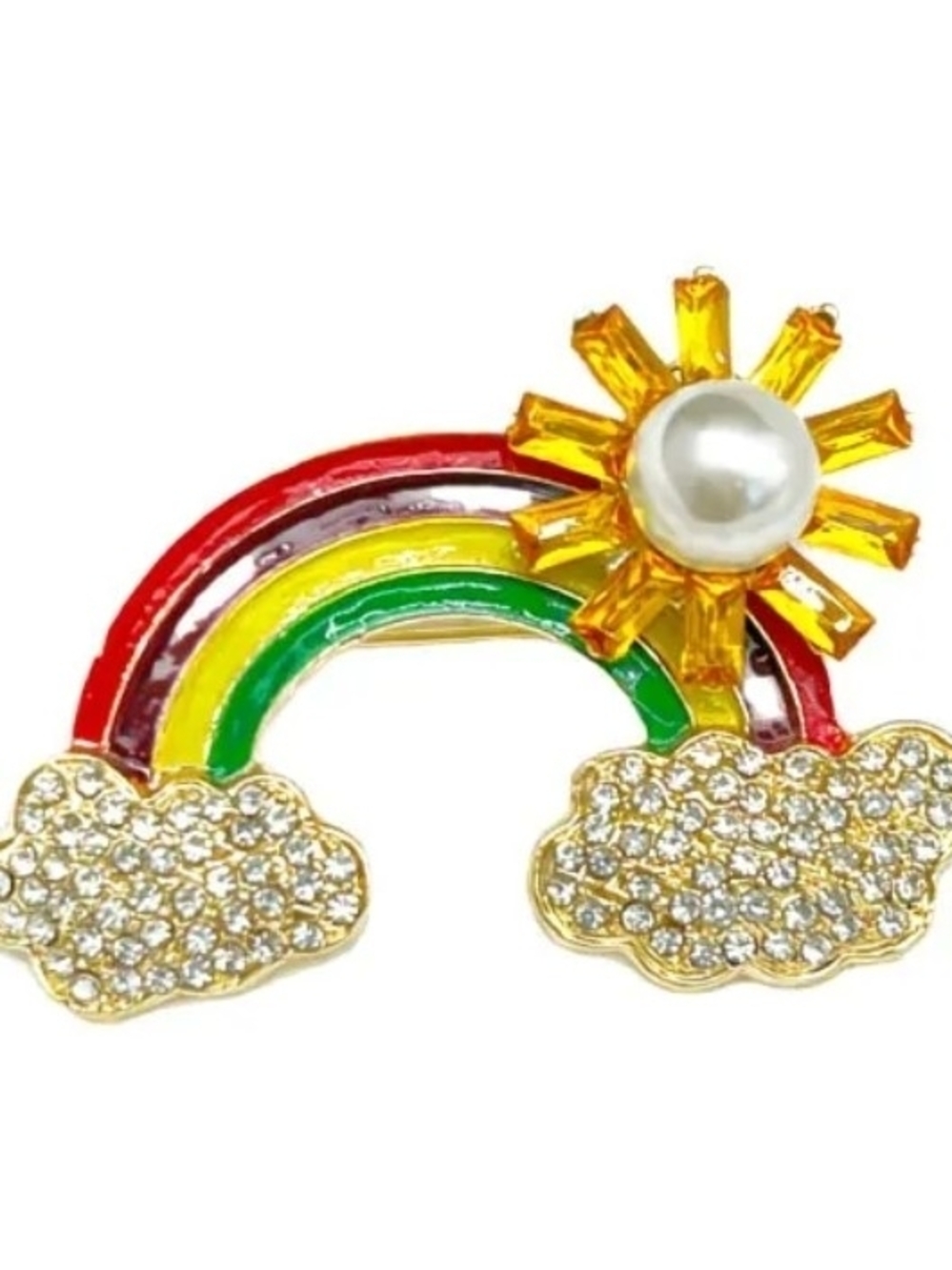 Rainbow & Sun Crystal Brooch - Gold Tone, Multicolor